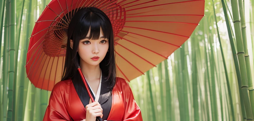 ((Best Quality,Highest quality,8k,masterpiece,)),One Woman((Japanese,Black Hair,straight,Very Long,Trimmed bangs,Very beautiful hair,Single eyelid,Long, narrow eyes,Small Mouth,Red Lip,Cool Beauty,Red kimono,Red Japanese Umbrella)),background((Bamboo forest in the rain,It&#39;s hazy,A landscape like a watercolor painting))