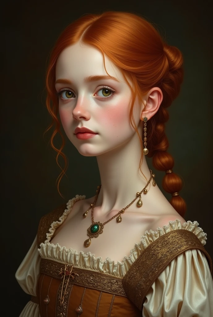 Create a Renaissance painting of how you imagine me using warm colors and a silk dress with pearls: I have eyes with a droopy shape and a dark brown color, very white skin, sharp, half-European nose, round face cheeks and thin chin with a dimple, wavy hair with a very yellowish and dark red color and a mouth with a well-defined Cupid's bow, small and a little fleshy and an eyebrow with few hairs and sparse. A slightly fat girl with a chubby eyelid. Smaller eyes and she is 1