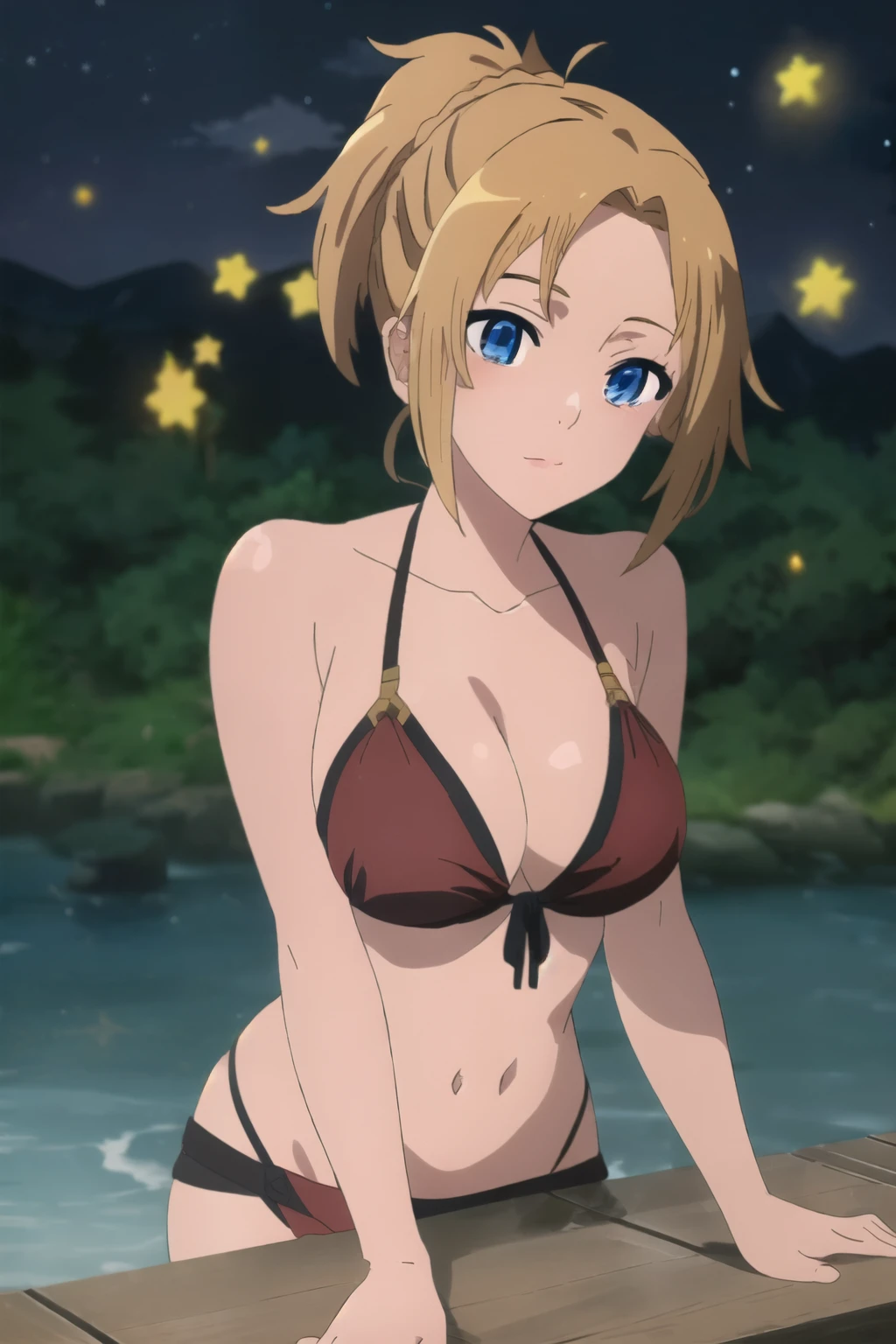 2d anime, woman, Zenith Greyrat from Mushoku Tensei, blonde, ponytail, blue eyes, red bikini, sexy, fair skin, masterpiece, best quality