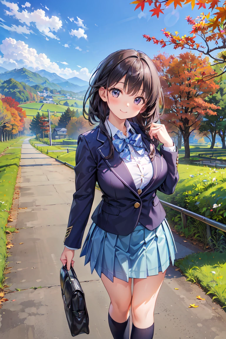 (((Masterpiece, 16k, Highest quality, Ultra-high resolution, Depth of subject))), ((Very detailed, Japanese countryside scenery, Autumn scene)), (((High school girl in blazer uniform, ２people, Friends, skirt, Big Breasts))), While chatting, Very cute smile, On the way home, 3pm, Peaceful scenery, Warm sunshine, Very accurate perspective, Wide View