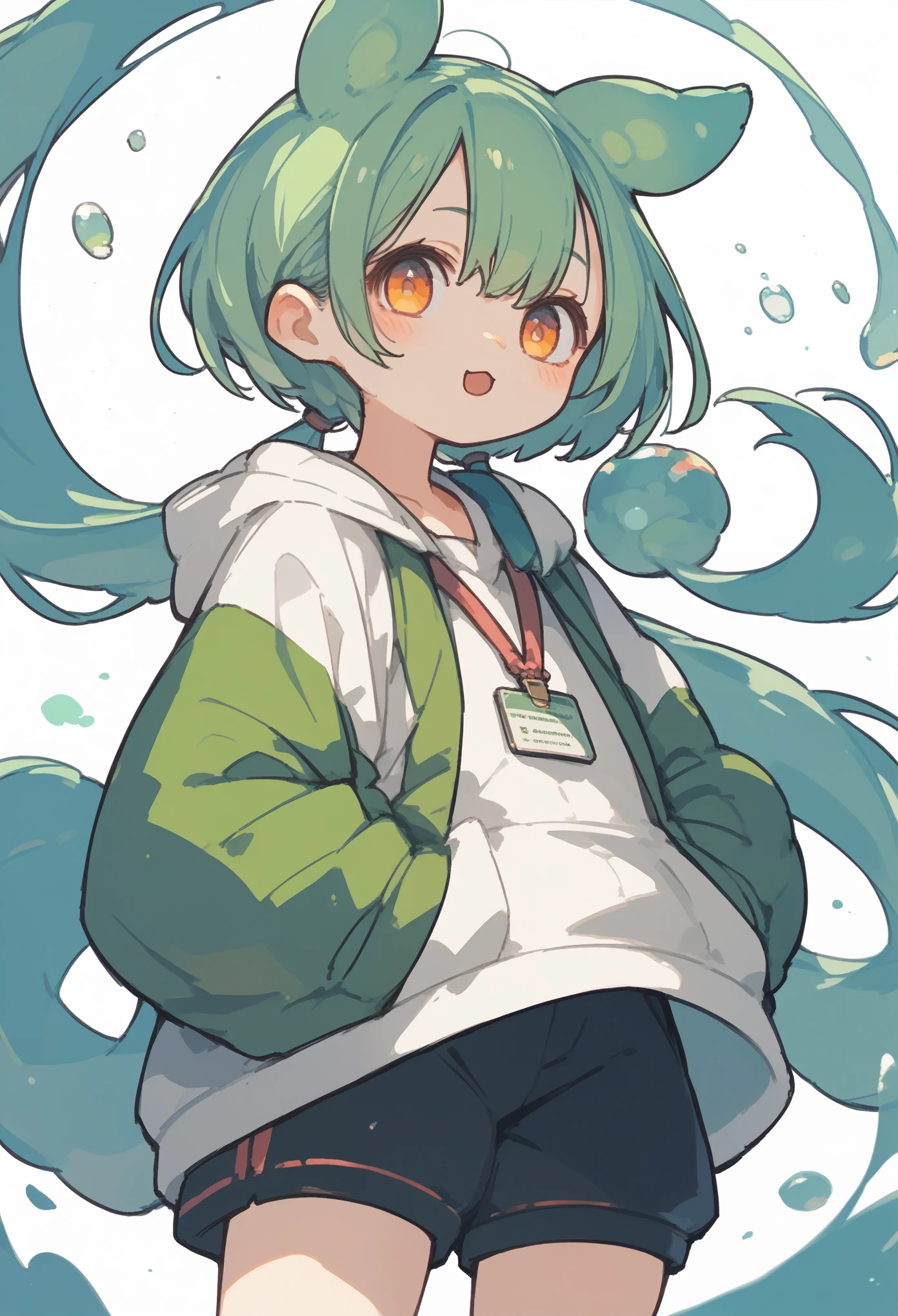 Zundamo,Voice Box,Girl with green hair, mic Sticker, Animal ears, Long Hair, Low Ponytail, Hair Ears,White hoodie, long sleeve,Shorts,