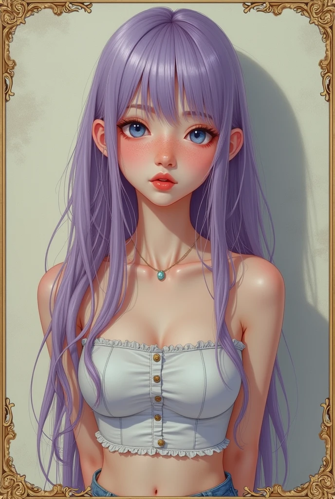 ((Best quality, masterpiece, 4k, best anatomy)), cute girl, (violet hair), ((very long curly hair)), perfect face, (yellow eyes), ((naked)), ((flat chest)), ((21 years old)), skindentation, extreme detail, attractive angular face, red lips, pink nipples, glossy skin, detailed hair, face focus, close-up chest, ornamental gold necklace, gold earrings, ((1 girl)), embarrassed expression, elf ears, innocent smile, (()), ((slender)),