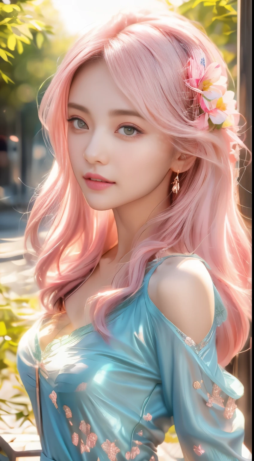 best qualtiy，tmasterpiece，hight resolution，1girll，dingdall effect，realisticlying，edge lit，two tone lighting，（highdetailskin：1.2），8K UHD，pure，Dolce，flowers background，Colorful background，Based on physical rendering，Perfect Light and Shadow，extreme hight detail，Pink tones，eye reflections，Raised sexy，perfect bodies，Superb Beauty，largeeyes，long eyelasher，Delicate eyes，big shiny eyes，Small pupil reflex，Shoulder and neck details，The texture of the pupil is delicate，Perfect eyes，black pupils，best qualtiy，A pink-haired、tmasterpiece，16 K，a picture，head portrait，Bigchest，long-sleeve，Take care of your chest，Large breasts，Delicate avatars