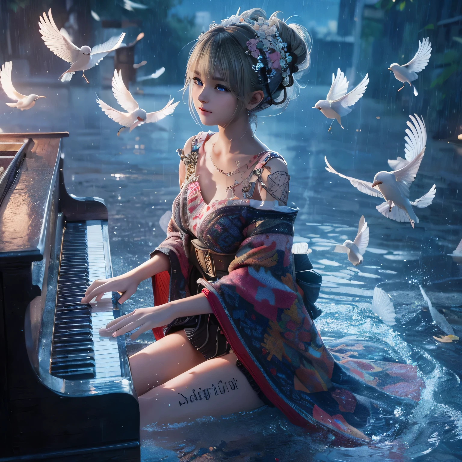 Playing drum, Marie rose, , adorable girl, child face, Marie rose, Blonde hair, Double buns, (((Oversized Knit dress))), Selfie, standing, perfect body, Looking at viewer, Garden, (high saturation:1.0),  (extremely detailed skin), (best quality:1.0), (ultra highres:1.0) ,(photo realistic:1.0), (ultra detailed:1.0), (8k, RAW photo:1.1),(see-through:1), (smile, looking at viewer:1), ((Natural huge tits)), Blonde hair, Double buns, Masterpiece, 