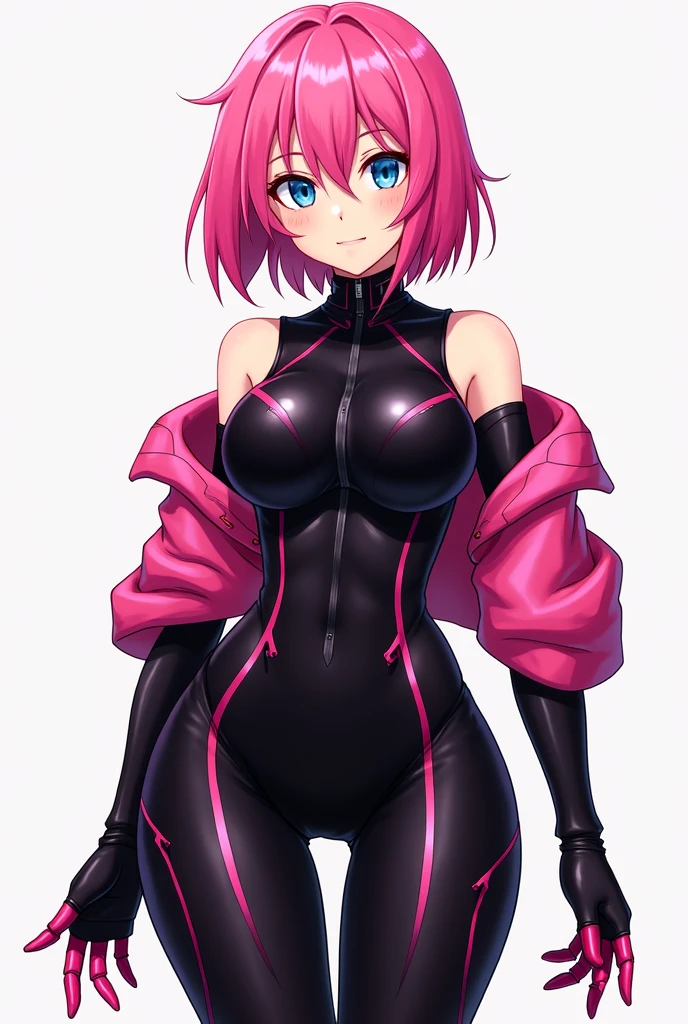 1girl,solo,detailed eyes,huge breasts, pink hair,grin,Sweat,outdoor,night sky,pussy,spred pussy,sread legs, ,rooftop ,pubic hair, open bodysuit ,midriff ,sci-fi,cyberpunk ,navel