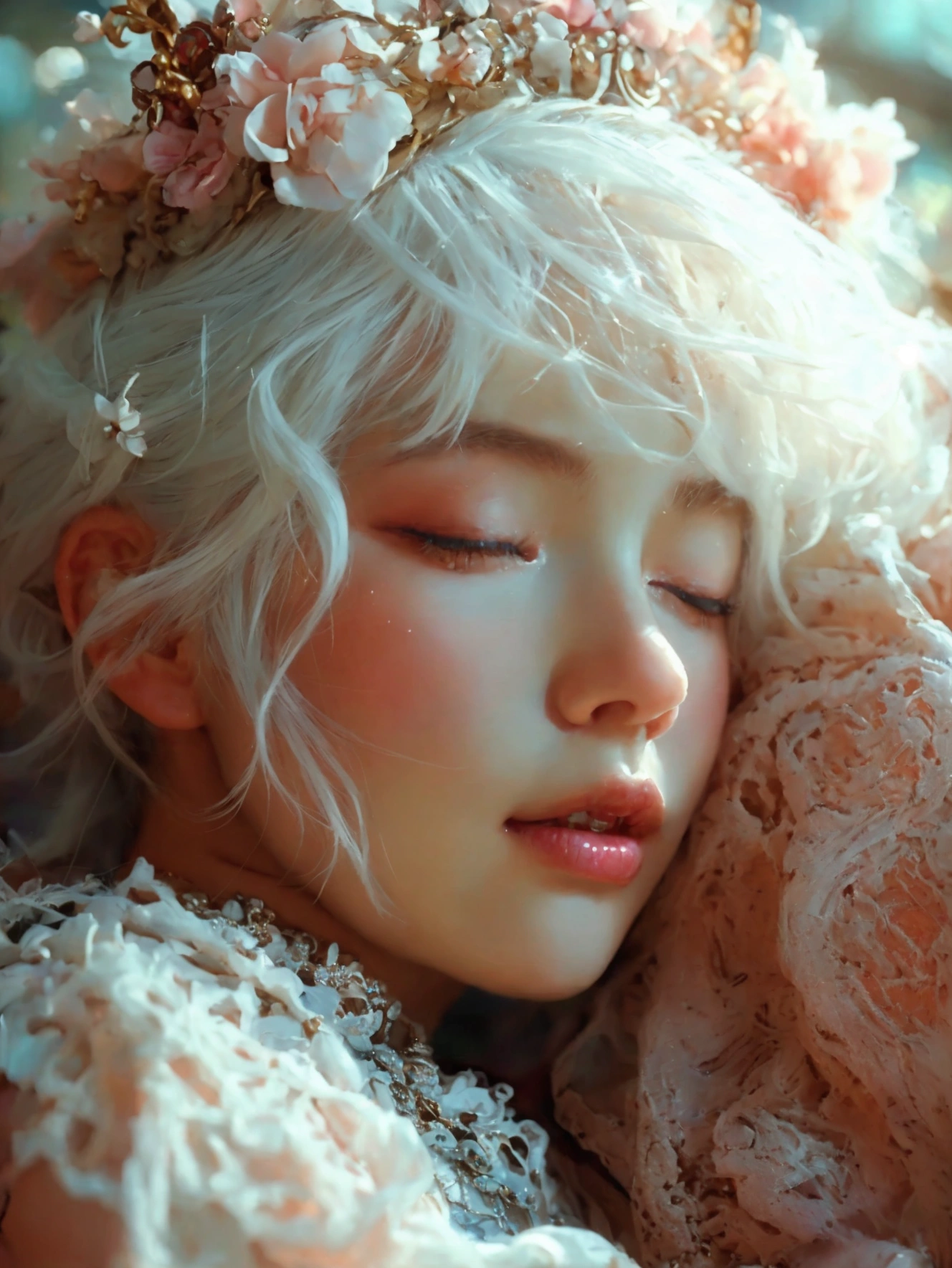 a woman with pastel white hair, sleepy eyes, elegant clothing, 1girl, photorealistic, cinematic lighting, detailed face, detailed eyes,detailed lips,detailed hair, intricate dress design, ornate accessories, soft colors, warm lighting, dreamlike atmosphere, serene expression, high quality, masterpiece