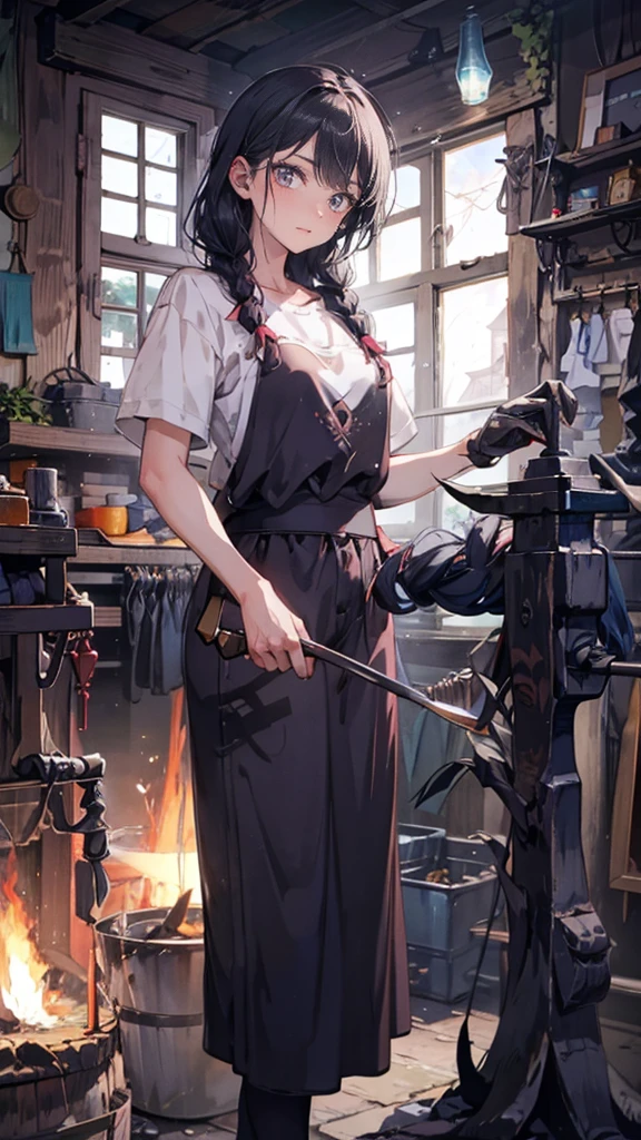 ((Blacksmith girl student:1.25,Teenage Girls,Muscular girl,Soft looking lips,Glowing Skin,Hair is braided,Soft-looking skin:1.25,Hair Ribbon,Hair is braided,Forging a sword)),(8k, Best Quality, masterpiece: 1.2, masterpiece, Attention to detail,Very detailed), Bright colors,Line art,