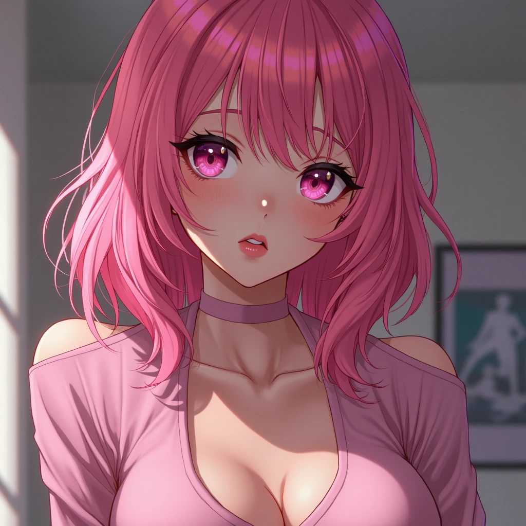 pink eyes and slit pupils and matching pink colored hair styled in low curly twintails. Also has a generous bust anime human