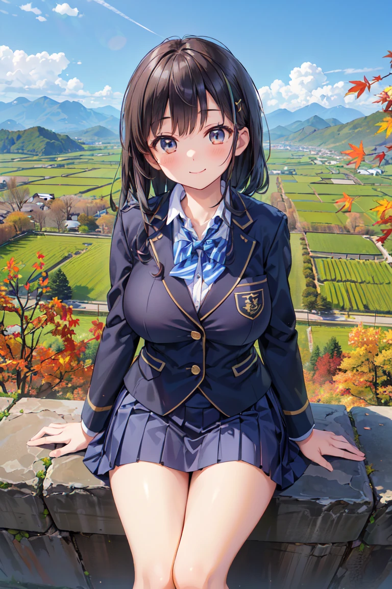 (((Masterpiece, 16k, Highest quality, Ultra-high resolution, Depth of subject))), ((Very detailed, Japanese countryside scenery, Autumn scene)), (((High school girl in blazer uniform, ２people, Friends, skirt, Big Breasts))), While chatting, Very cute smile, On the way home, 3pm, Peaceful scenery, Warm sunshine, Very accurate perspective, Wide View