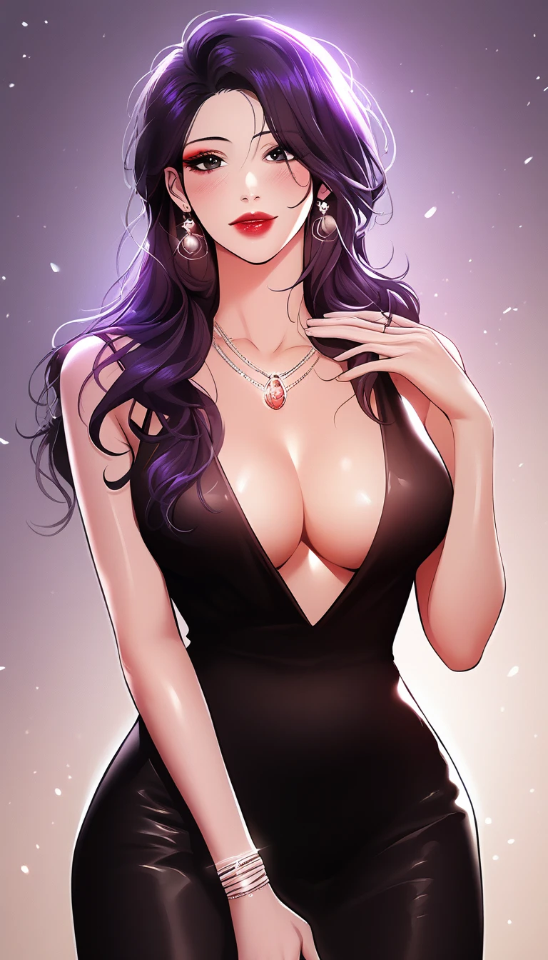 Hot beautiful sexy young milf  ,sexy pose,fashion photoshoot, red lipstick,long shiny threader Earrings, medium saggy breasts , dark violet hair ,bracelet ,detailed, black eyes, wearing neck plunging black dress,manhwa style,manhwa artist,manhwa moment , cleavage,makeup , beautiful, alluring, detailed eye,one side slick hair, necklace 