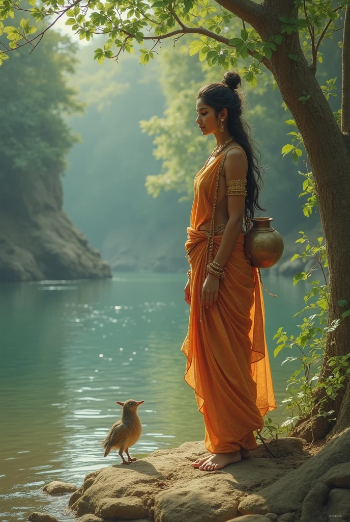 A who wear hindu traditional dress dancing with peacock near to the river