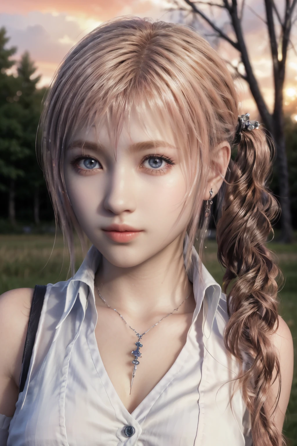 (masterpiece, best quality:1.4), (walk on all four:1.5), (1girl, solo:1.5), (european youth:1), serah farron, sleeveless, plaid, skirt, thighhighs, looking at viewer, (soft pink hair:0.5), erotic smile, side ponytail, beautiful face, highly detailed face,  Azure eyes color, highly detailed skin, skin pores, in a field, subsurface scattering, realistic pupils, medium breast, full face blush, full lips, detailed background, depth of field, volumetric lighting, sharp focus, absurdres, realistic proportions, good anatomy, (realistic, hyperrealistic:1.4), 16k hdr,