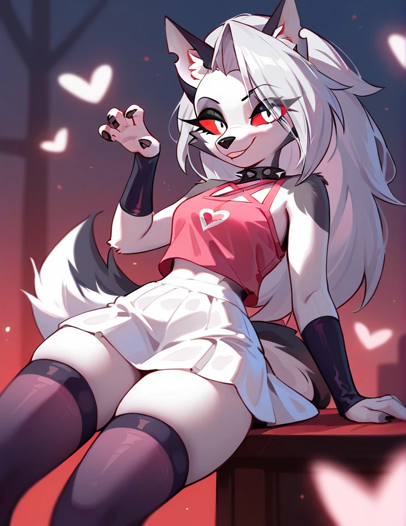 score_9,score_8_up,score_7_up, source_cartoon, source_furry, loona from helluva boss, hellhound, long white hair, hair in a pony tail, pink scrunchy, white eyes, red sclera, wearing pink tank top, white skirt, pink thigh high socks, smiling, cute pose