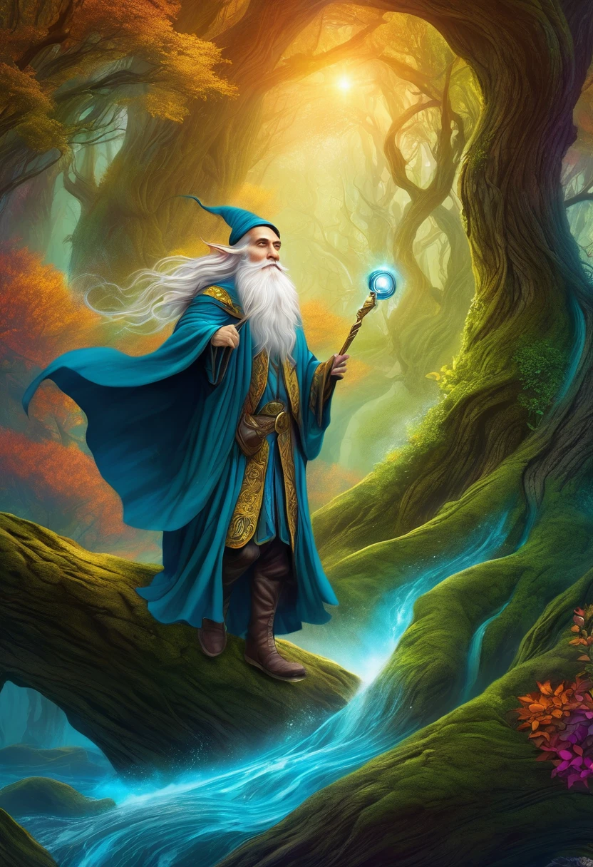 a medium detailed illustration of "Father Time," a breathtaking elf, embodying the fear in a Marvellous setting. Fantasy art, intricate details, vibrant colors, magical, mystical, surreal, digital painting, high fantasy, dynamic composition, mythical creature, enchanted forest, cloak flowing in the wind.