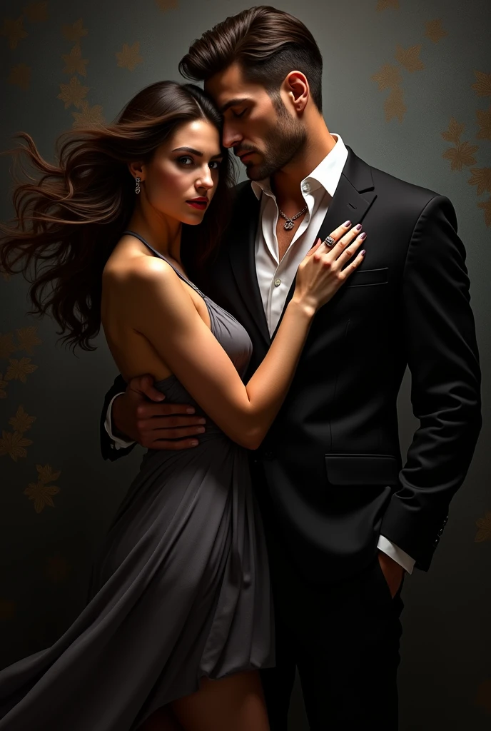 Woman in black dress with brown hair and brown eyes with a dagger, on top of a tall man with black hair and green eyes