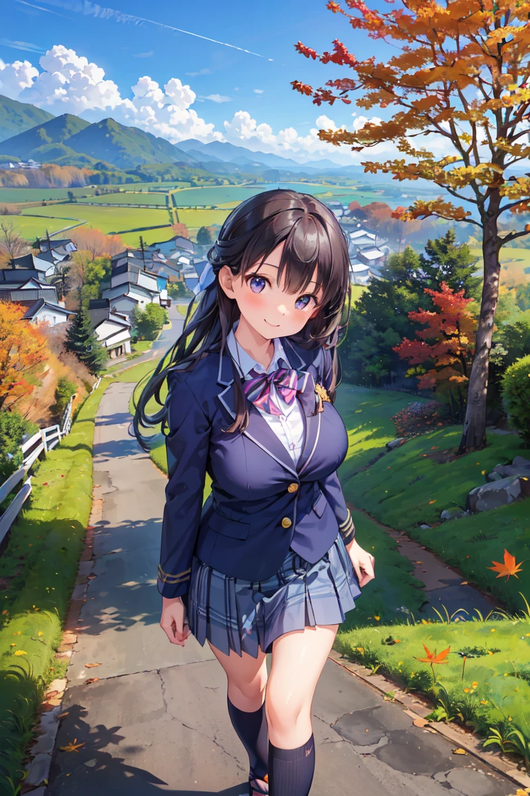 (((Masterpiece, 16k, Highest quality, Ultra-high resolution, Depth of subject))), ((Very detailed, Japanese countryside scenery, Autumn scene)), (((High school girl in blazer uniform, ２people, Friends, skirt, Big Breasts))), While chatting, Very cute smile, On the way home, 3pm, Peaceful scenery, Warm sunshine, Very accurate perspective, Wide View