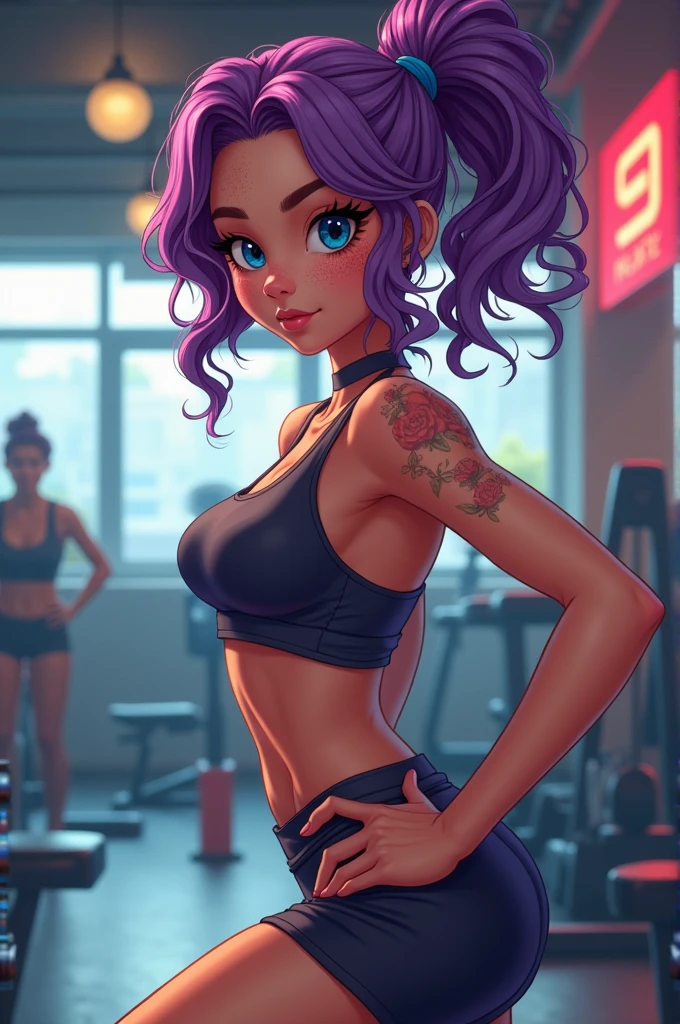 mature woman, sombra_(overwatch), (anime screencap),
(1girl:0.5), solo, widowmaker_(overwatch), long hair, breasts, looking at viewer, smile, multiple girls, large breasts, navel, 2girls, cleavage, blue hair, standing, purple eyes, collarbone, yellow eyes, ponytail, purple hair, multicolored hair, shorts, midriff, indoors, dark skin, armpits, covered nipples, two-tone hair, dark-skinned female, lips, short shorts, v, makeup, colored skin, lipstick, toned, asymmetrical hair, sports bra, selfie, undercut, purple skin, purple lips, alternate skin color, athletic body, sombra \(overwatch\) and widowmaker \(overwatch\), <lora:Sombra-20:1>