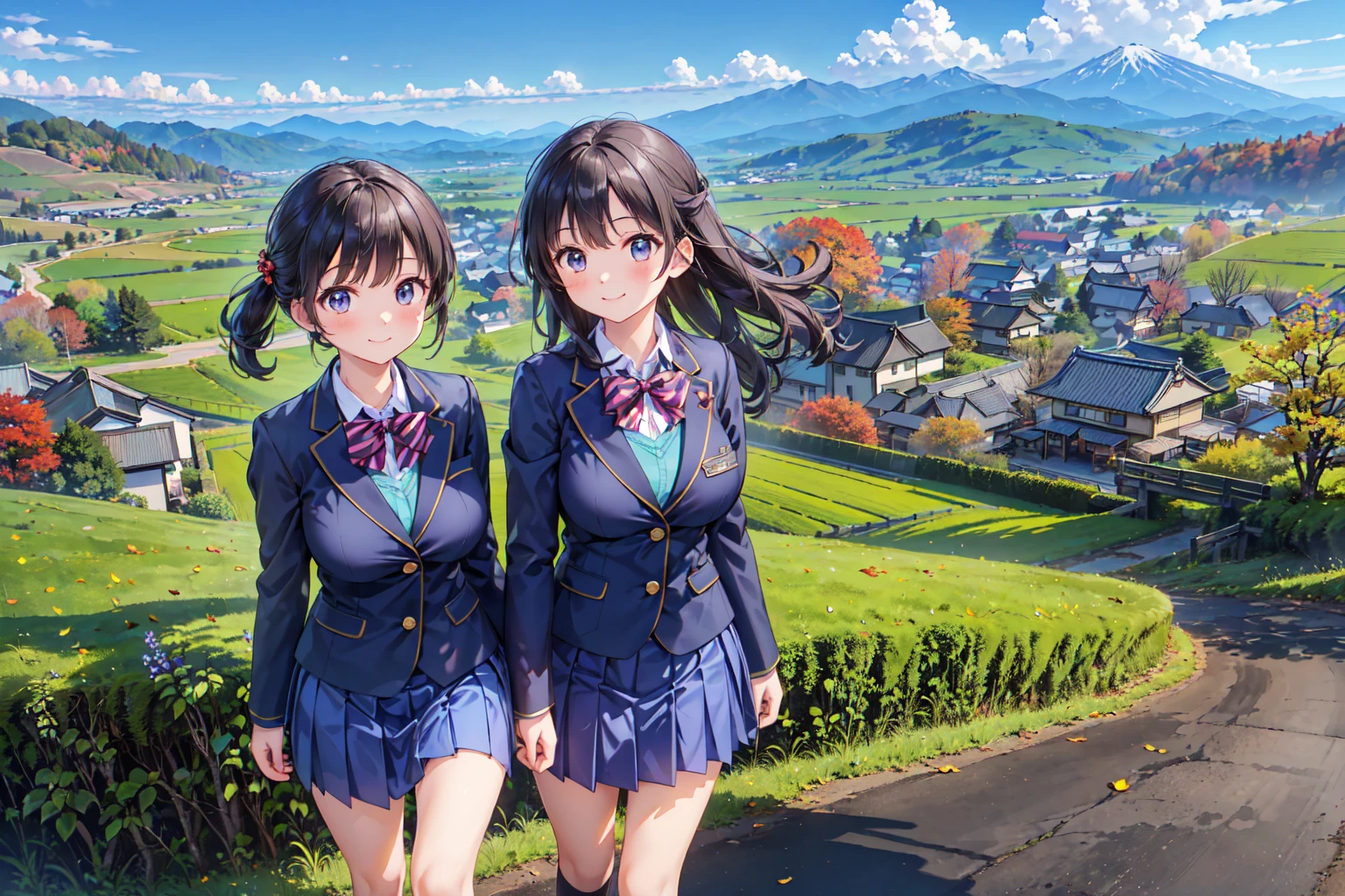 (((Masterpiece, 16k, Highest quality, Ultra-high resolution, Depth of subject))), ((Very detailed, Japanese countryside scenery, Autumn scene)), (((High school girl in blazer uniform, ２people, Friends, skirt, Big Breasts))), While chatting, Very cute smile, On the way home, 3pm, Peaceful scenery, Warm sunshine, Very accurate perspective, Wide View