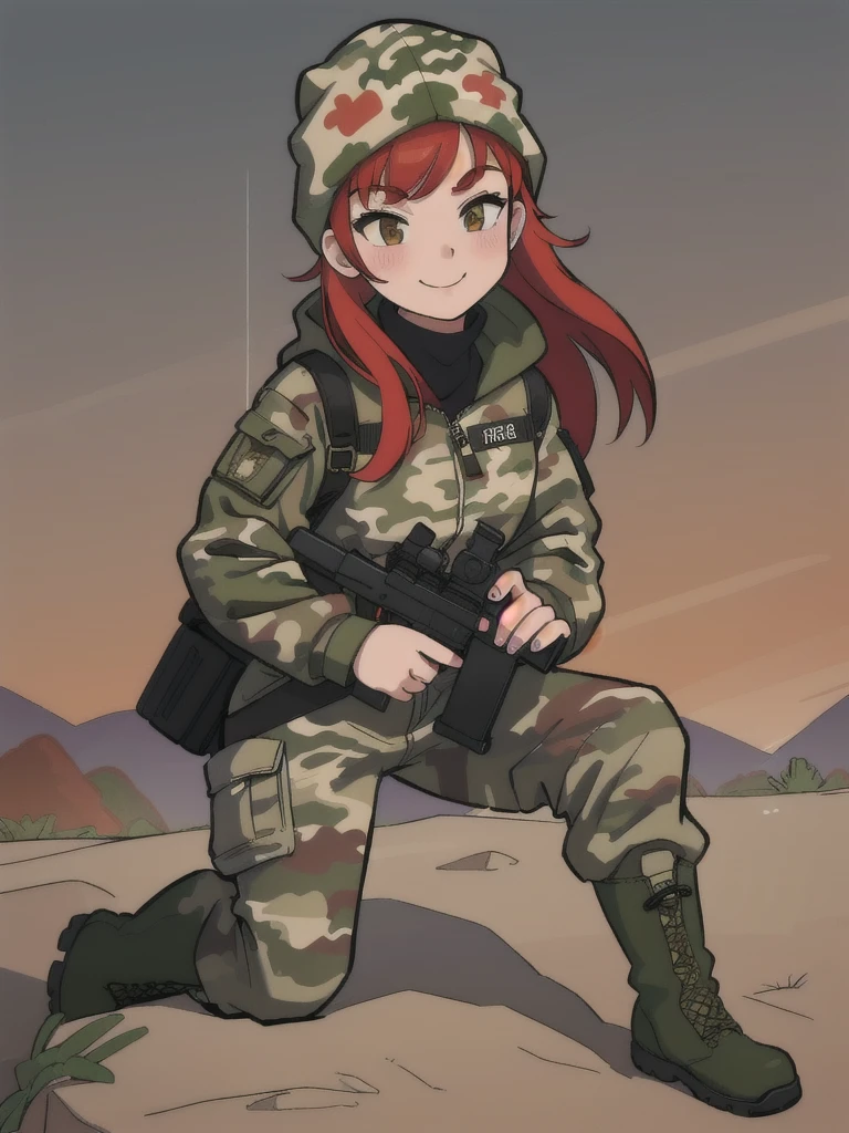 girl with smile and red hair, with a camouflage jacket, camouflage balaclava, camouflage pants and army boots.