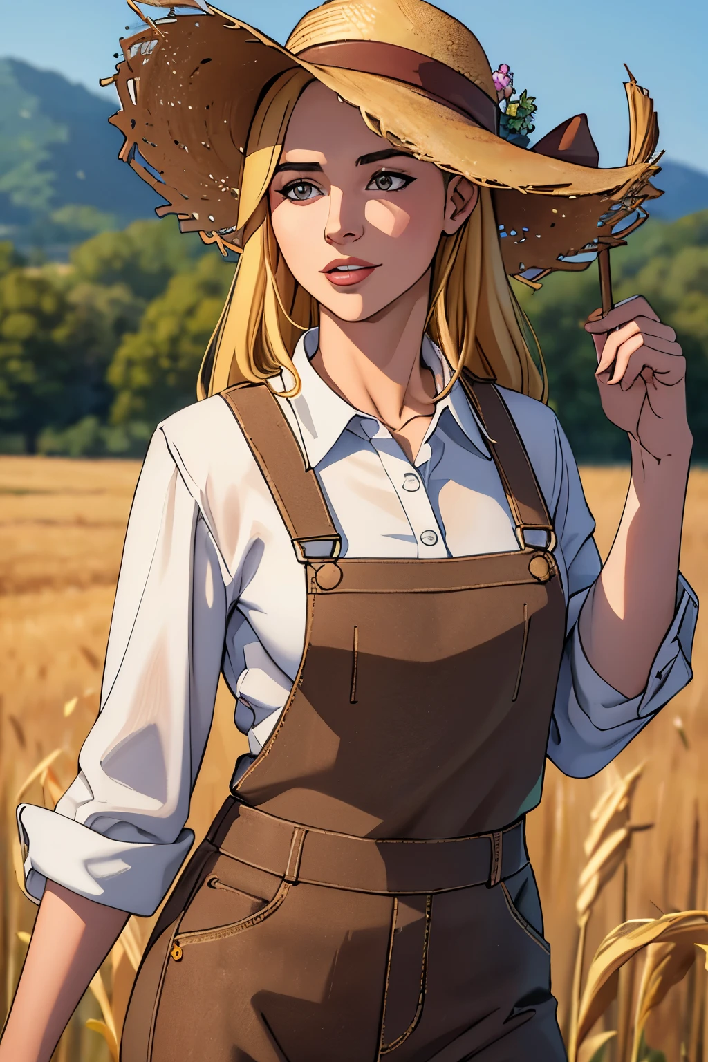 Masterpiece, Best Quality, Ultra-Detailed, 1girl, blonde hair, long hair, straw hat, brown eyes, beautiful detailed eyes, beautiful detailed lips, extremely detailed face, white shirt, brown overalls, brown pants, happy expression, smiling, camp background, corn field background, cowboy shot, best quality, 4k, 8k, highres, masterpiece:1.2, ultra-detailed, realistic, photorealistic, photo-realistic:1.37, HDR, UHD, studio lighting, ultra-fine painting, sharp focus, physically-based rendering, extreme detail description, professional, vivid colors, bokeh, countryside, pastoral, bucolic, golden hour, natural lighting