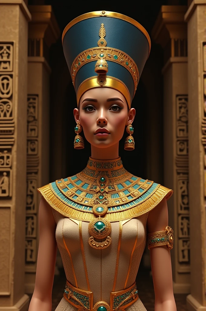Nefertiti with her majestic crown, adorned with jewels, next to tutankhamun (man), in a hall of the palace