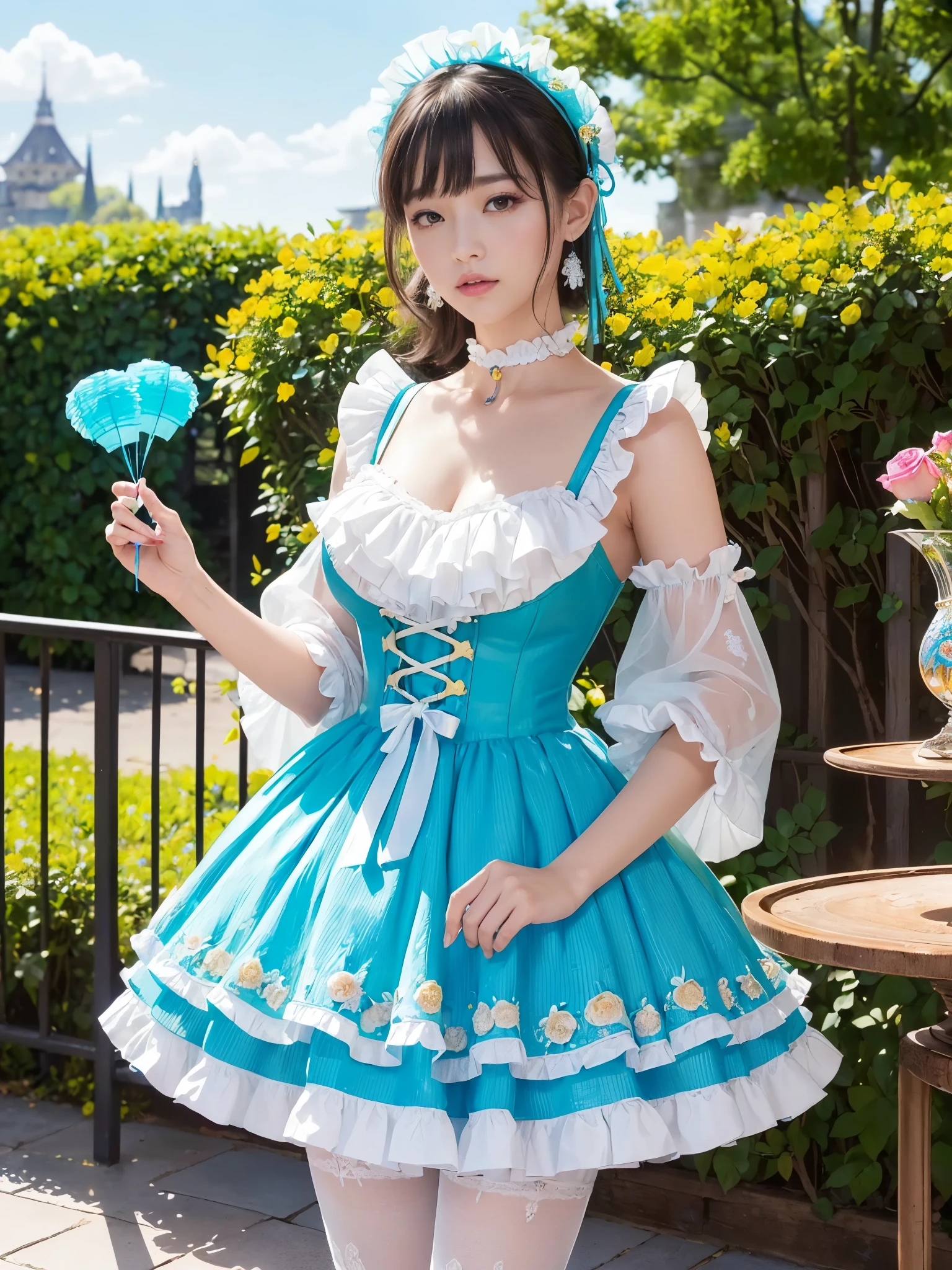 sexy stylish Swedish model, only 1 female, ((doll-like appearance)), very short stylish hair, ((shiny Aquors Love-Style boots)), (big smile), ultra detailed eyes,beautiful vivid eye makeup, lip-gloss, long lashes, defined eyebrows, ((sexy blue lines Aquors Love cosplay)), white bell-shaped skirt, petticoats, ((ultra detailed lace)), ((ultra detailed embroidery)), intricate details, Aquors Love accessoires, Aquors Love choker, cinematic light, detailed large park background with trees