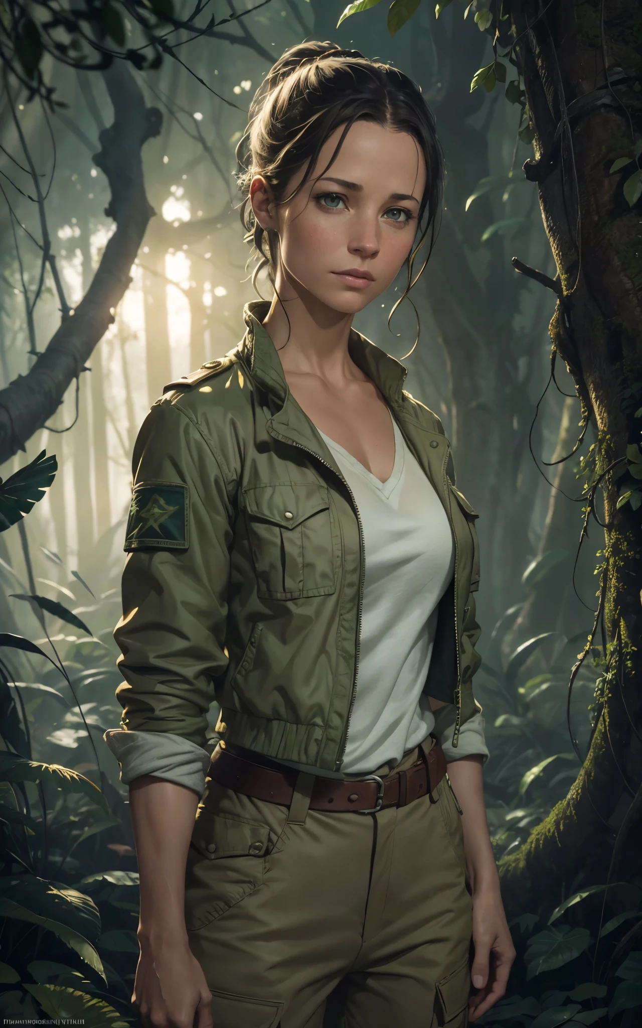 (masterpiece, best quality) <lora:epi_noiseoffset2:1> <lora:add_detail:0.7> <lora:ZoeRE7:0.8>
ZoeRE7, 1girl, solo, looking at viewer, short hair, black hair, standing in a forest, defiant look attitude, full body, golden hour, digital art, cinematic, WLOP, trending on artstation