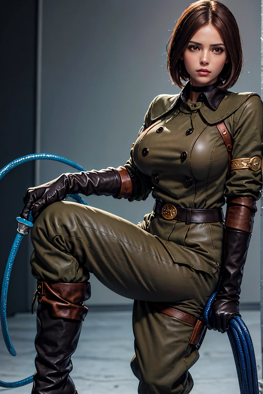 (Best image quality, highest quality, Highest Resolution, Ultra-Realistic Images, Very detailed, masterpiece, 8k), One Woman, Brown medium hair, Khaki military uniform, pants, Leather gloves, Leather boots, ((With a blue whip)), big Breasts, blush, serious look, Dynamic pose, Browsing Caution, half body, perfect face