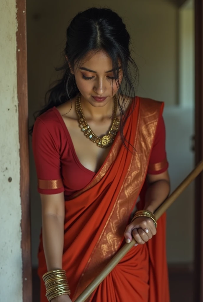 A very close picture of Indian, winding, hourglass figure, very extremely massive Breasts swoop, not wearing bra, visible nipples, bend down and hanging breasts, Shows deep cleavage, Kneeling in ceremonies, French braid hair, necklace, Sexy maroon saree and not wearing bra, Sultry, Alluring eyes, Look at the viewer and smile, (Cinematic:1.3), Complex details, (ArtStation:1.2