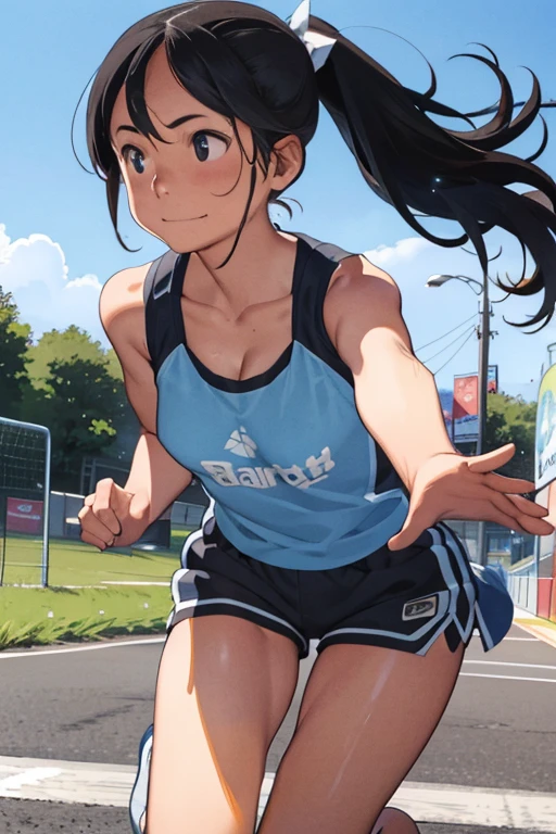 Girls walking down the street holding hands、12-year-old girls、Pure girl、Cute smile、Sparkling Eyes、Healthy Skin、Large park、Summer sun、White cloud、Blue sky、(fullbody shot)、Cleavage、Detailed Hair、Tank top and shorts、Small breasts、slender、Looking up、Hair blowing in the wind、Dynamic pose、very loud laugh、My skirt is flying up in the wind、after the rain、My whole body is wet、Wet body、Blushed cheeks、Sweaty face、Lots of sweat、Her belly button is visible