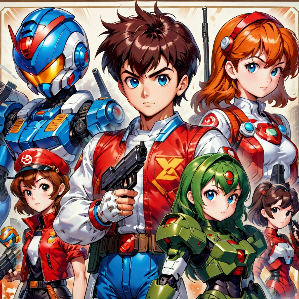 a cartoon picture of a group of people with guns, promotional art, official art, retro anime, mecha anime, official artwork, high detailed official artwork, next gen, 8 0 s anime art style, by Jason Teraoka, genzoman, nintendo game art, mega man, namco, mobile suit, retro artwork, official anime artwork