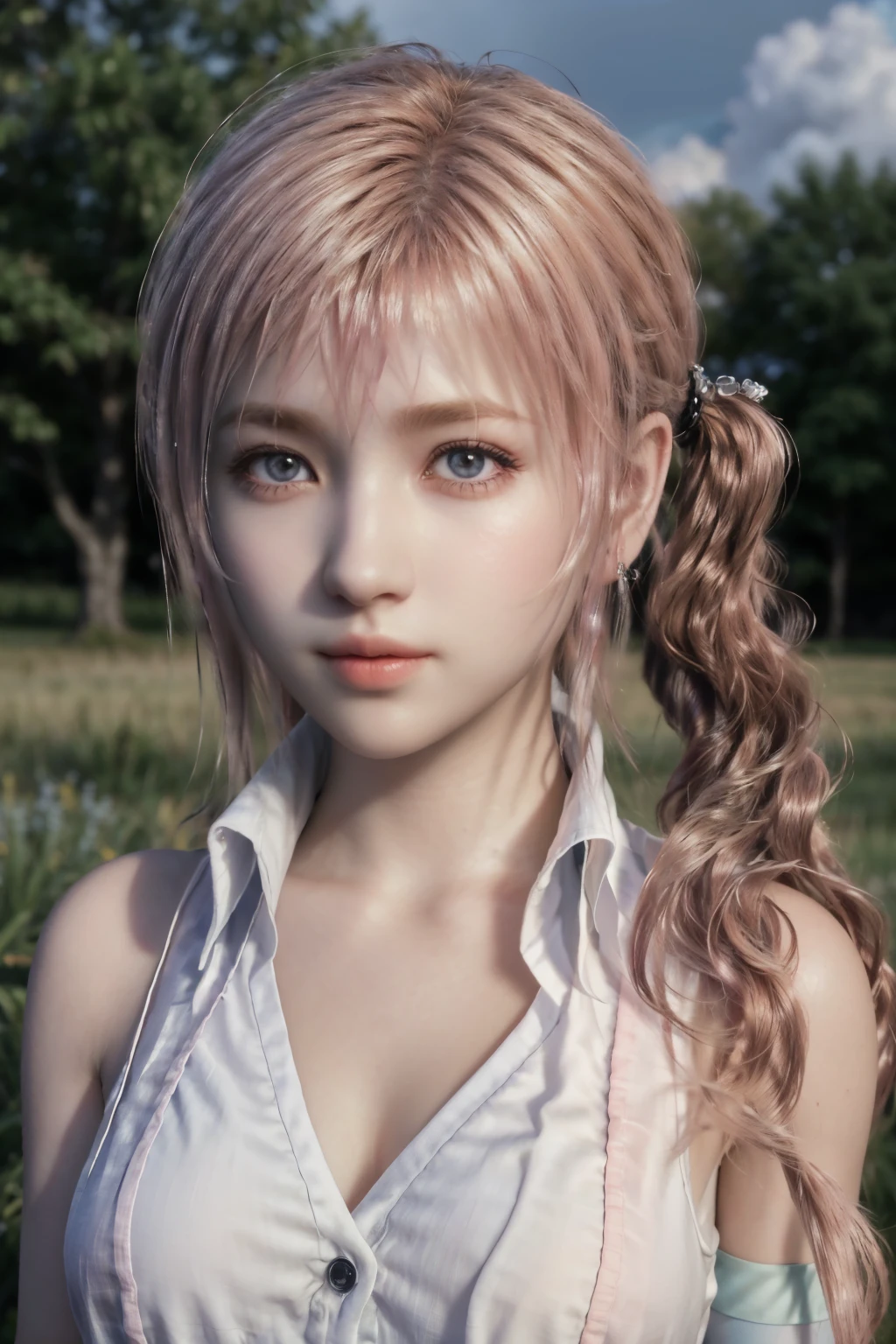 (masterpiece, best quality:1.4), (walk on all four:1.5), (1girl, solo:1.5), (european youth:1), serah farron, sleeveless, plaid, skirt, thighhighs, looking at viewer, (soft pink hair:0.5), erotic smile, side ponytail, blush hair color, beautiful face, highly detailed face,  Azure eyes color, highly detailed skin, skin pores, in a field, subsurface scattering, realistic pupils, medium breast, full face blush, full lips, detailed background, depth of field, volumetric lighting, sharp focus, absurdres, realistic proportions, good anatomy, (realistic, hyperrealistic:1.4), 16k hdr,