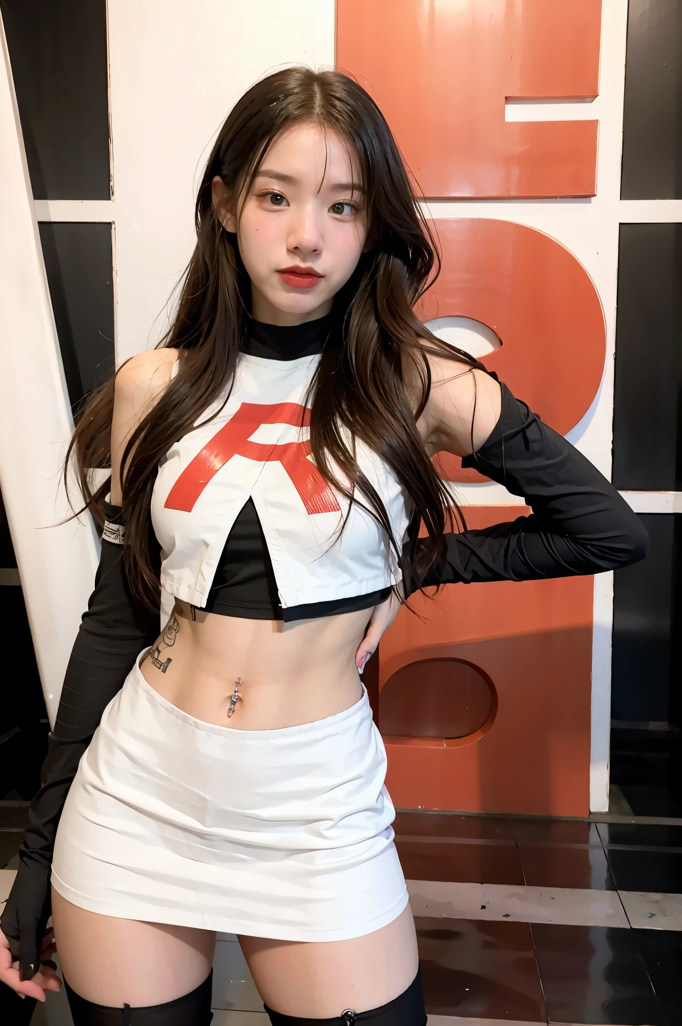 brandygordon, team rocket,team rocket uniform, red letter R, white skirt,white crop top,black thigh-highs, black elbow gloves,