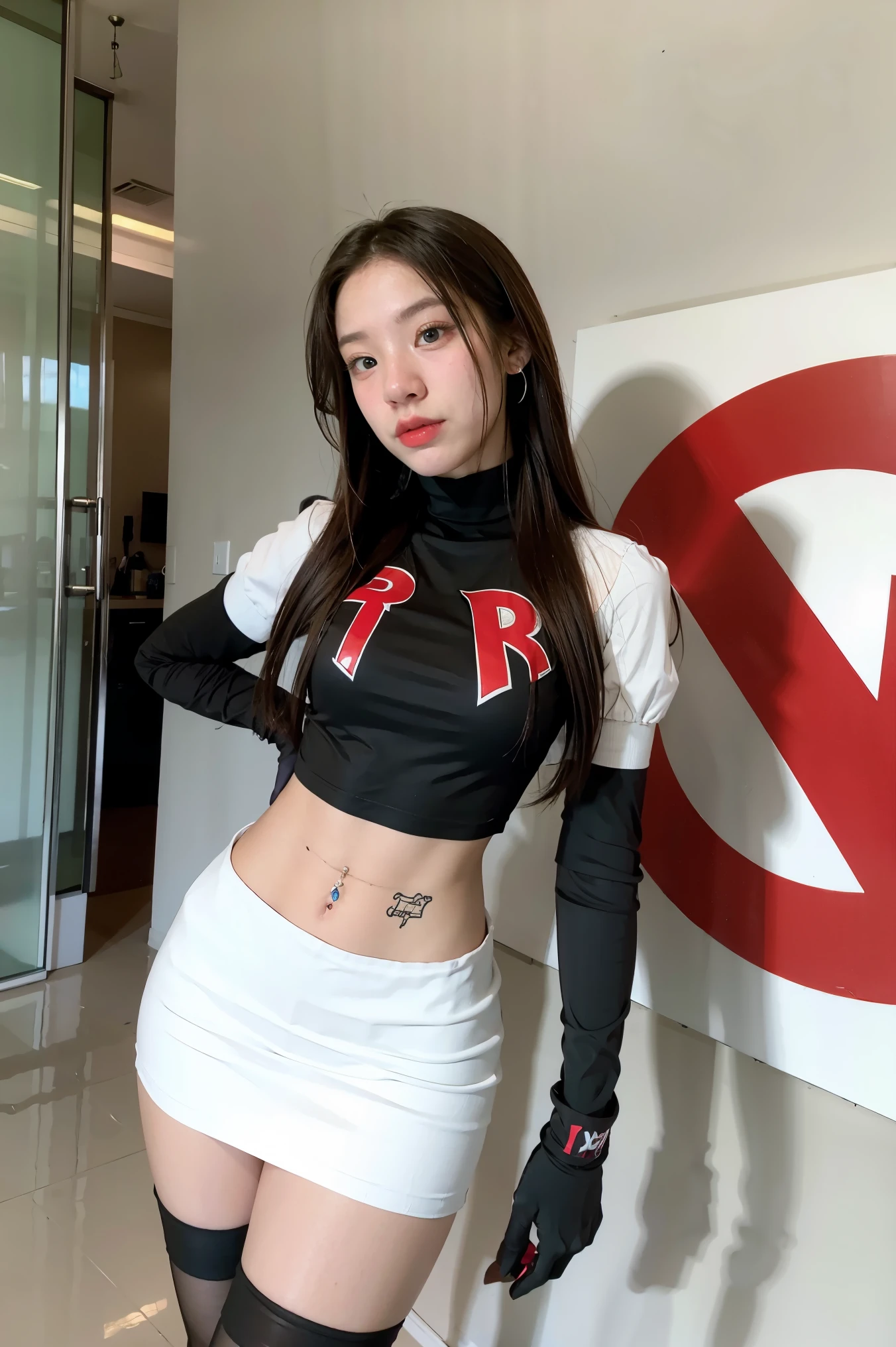 brandygordon, team rocket,team rocket uniform, red letter R, white skirt,white crop top,black thigh-highs, black elbow gloves,