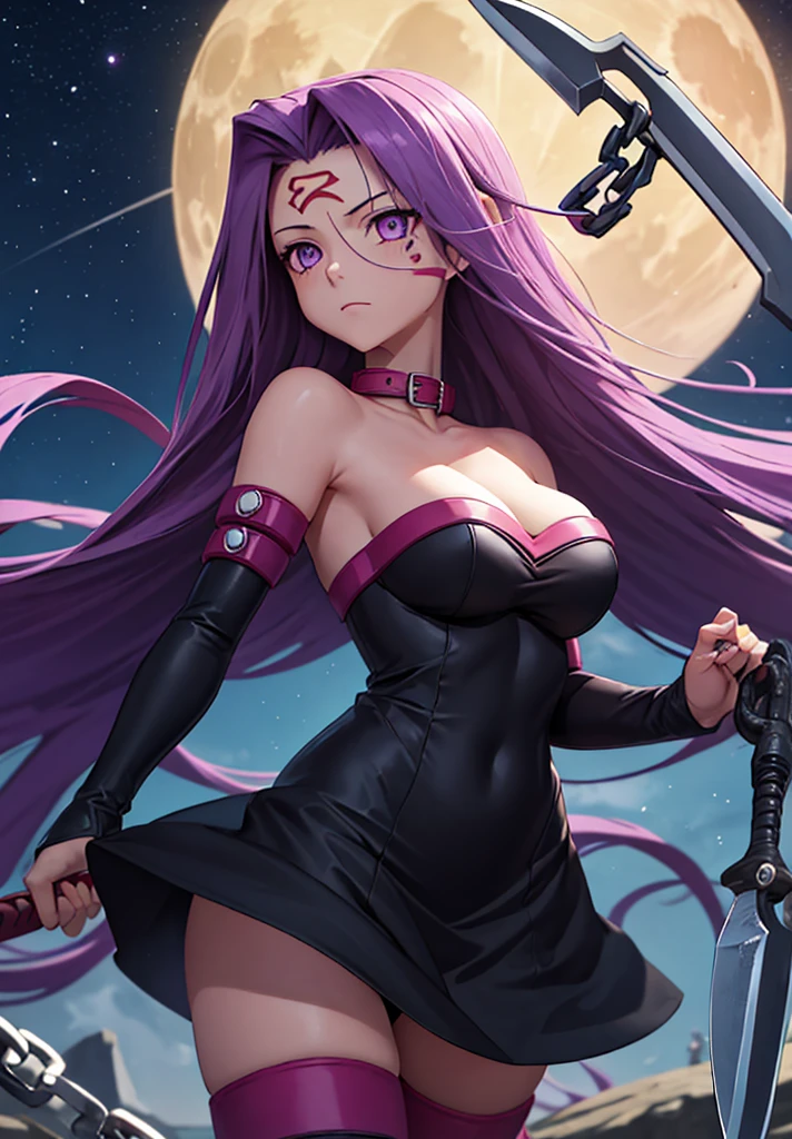 score_9, score_8_up, score_7_up, source_anime, medusarider, medusa rider, long hair, very long hair, purple hair, facial mark, forehead mark, thighhighs, dress, cleavage, bare shoulders, detached sleeves, black dress, collar, strapless, strapless dress, blindfold, outdoors, night, night sky, moon, clouds, looking at viewer, cowboy shot, dutch angle, fighting stance, weapon, chain, knife,