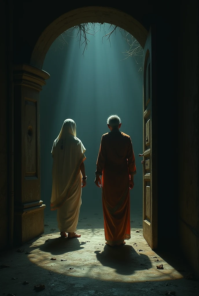 In front of Man is an old Ghost dressed in a white sari,
