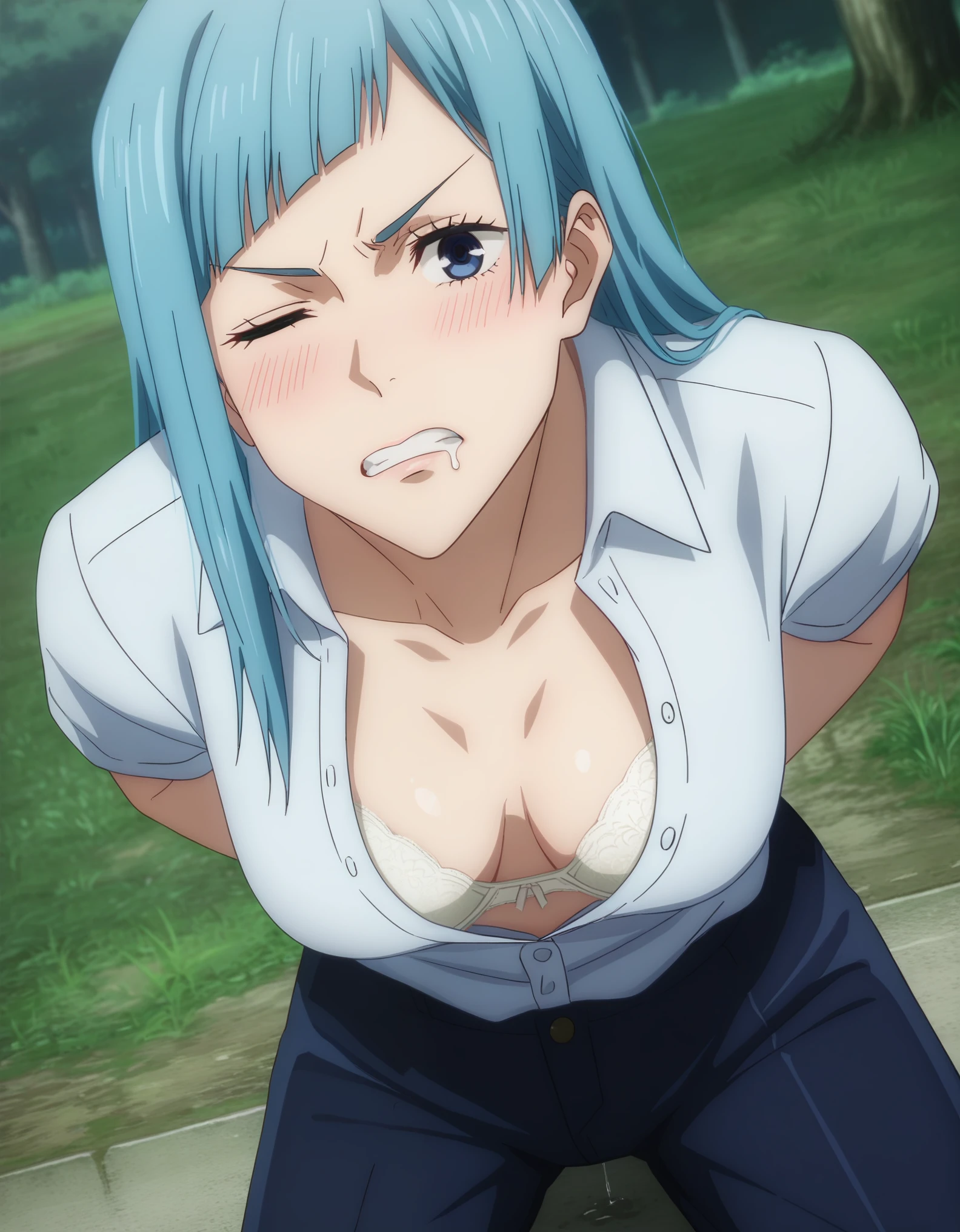 score_9, score_8_up, score_7_up, sauce_anime, ambient light,
jujutsu_kaisen_style, kasumi miwa,, ,1girl ,tall girl,, blue hair, long hair, blue eyes, wince, frown, close up face:0.2,
nsfw, (show off panties),, undress open dress shirt, hands behind backs, undress pants, in lace white panties, pussy juice,
outdoors,, realistic outdoor, (kneeling), , steam, 
cowboy shot,, looking at viewer, solo, dutch angle, blush,, lace white bra , clenched teeth, saliva, drooling moanin, medium breast,