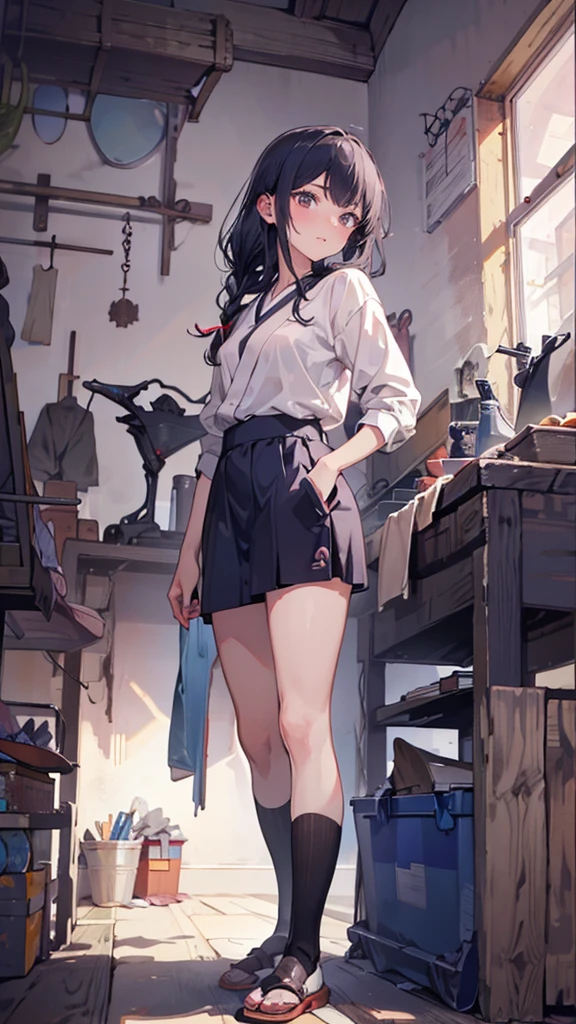((absurdres, RAW photo, extremely delicate and beautiful, masterpiece, Best Quality, ultra high resolution, 32k, hyperrealistic, ultra-detailed, perfect figure)), tearful mole, earring, full body shot, short medium hair, wavy hair, collared button-down shirt, shorts,