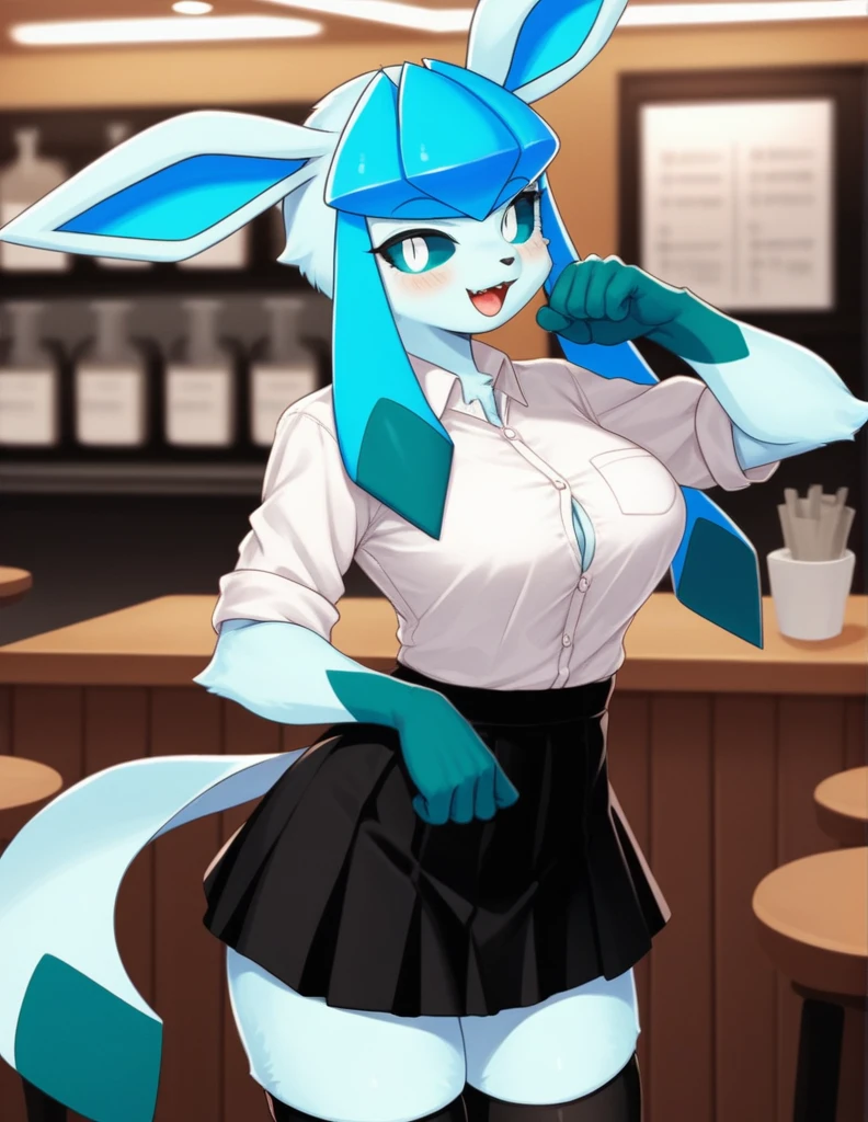 Solo, score_9,score_8_up,score_7_up, source_furry, an Anthro furry Glaceon female, blue sclera, white eyes, wearing white button up shirt, black skirt, thigh high socks, in a cafe, simplified background, eyes half open, bashful pose, fidgeting with her skirt, standing, looking at viewer, open mouth smile, blushing