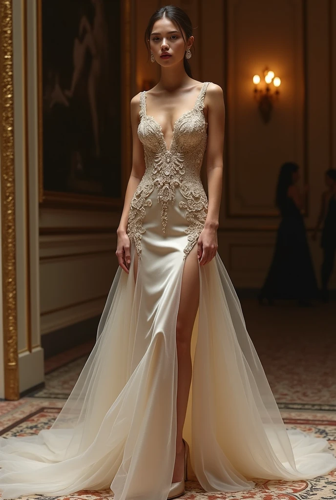 1 woman, inside a ballroom, wearing an elegant white sensual evening dress, large breasts, detailed facial features, feminine blue-gray eyes, detailed white skin, very long golden brown hair, full body shot, dramatic lighting, cinematic composition, cool palette, dark colors, atmospheric haze, strong body, thin chin, 25 years old, very beautiful (best quality, 4K, 8K, high resolution, art: 1.2), ultra detailed, (realistic, photorealistic, photorealistic: 1.37)
