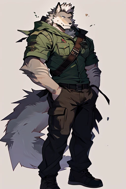 A Upper Body And Almost Right Side Body Picture of A Very Muscular Furry style Gray Wolf. he is wearing Full long Dark Green Soldier Millitary Outfit. He is looking at the viewer. The background is just colour white. His hair is spikey but very messy. He have A gray hair. He have a little smile with blushes on his face in shyness. He have a very long tail. he have gray eyes. his both hand is in his pockets. he is standing in the background, his mouth is open