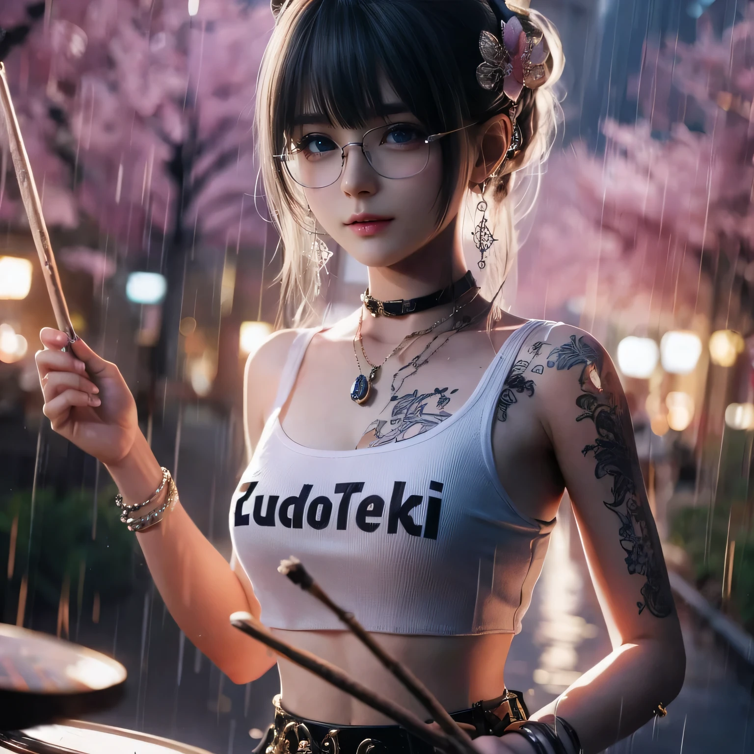 Playing drum, Marie rose, , adorable girl, child face, Marie rose, Blonde hair, Double buns, (((Oversized Knit dress))), Selfie, standing, perfect body, Looking at viewer, Garden, (high saturation:1.0), (extremely detailed skin), (best quality:1.0), (ultra highres:1.0) ,(photo realistic:1.0), (ultra detailed:1.0), (8k, RAW photo:1.1),(see-through:1), (smile, looking at viewer:1), ((Natural huge tits)), Blonde hair, Double buns, Masterpiece,