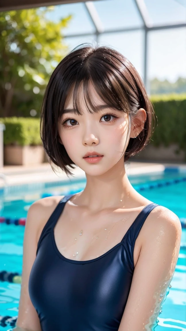 (8K, RAW photo, highest quality, masterpiece: 1.2), Super detailed, super resolution, (genuine, genuine photos: 1.37), portrait, High-definition RAW color photo, professional photos, 非常に詳細で美new, very detailed, 8k wallpaper, amazing details, huge file size, official art, very detailed CG Unity 8k wallpaper, very detailed beautiful girls, very detailed facesHighly detailed eyes, Very fine skin, very detailed fingers, very small nose, very detailed detailed mouth, perfect anatomy, detailed background, Fine clothes, one girl, (20:1.2), 20th generation, cute girl, genuineistic body, (()))), white skin, glowing skin, because I'thin, black hair, short hair, (dull bangs: 1.2), smile, cute, like々new, cute face, genuineistic face, delicate eyes, sagging eyes, (sexy swimwear), (Poolside)), (wet body)), ((wet hair)), (spread your legs))), (悲new表情))), (((sexy and dynamic pose)), necklace, earrings, looking at camera, cowboy shot, Contrapos, dynamic lighting, G cup breasts,big breasts、