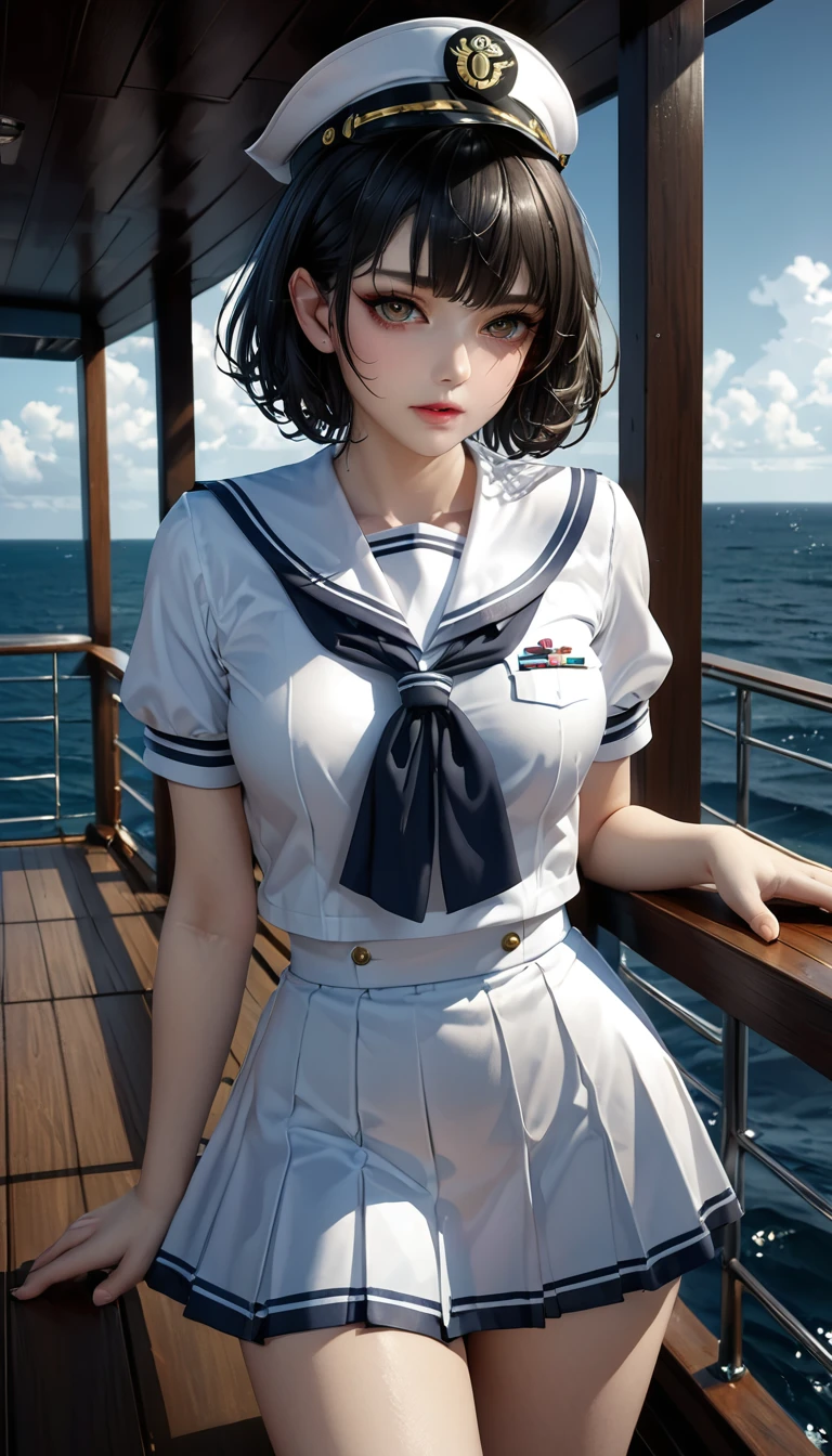 cool beauty marines sailors, glossy silky messy wavy short hair, striking beautiful eyes, fascinating, make-up, amorous and lewd expression, wearing sailor uniforms, perfect proportions, background on the deck at sea, delicate and dynamic textures, contrasts of light and shadow, 2.5D, digital graphic CG, artistic photography, hyper realistic, ultra detailed, absolutely resolution, best quality