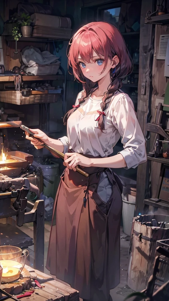 (A female blacksmith student, teenage girls, muscular girl, soft lips, glowing skin, braided hair, soft skin:1.25, hair ribbon, braided hair, forging a short knife with a mallet),(8k, best quality, masterpiece:1.2, masterpiece, extreme detail, very detailed), vibrant colors, line art