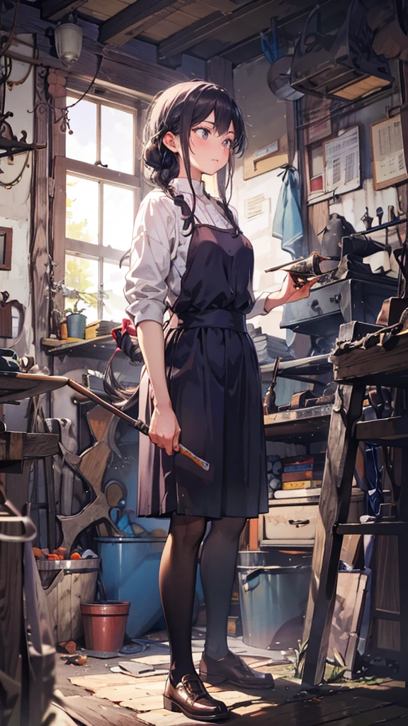 (A female blacksmith student, teenage girls, muscular girl, soft lips, glowing skin, braided hair, soft skin:1.25, hair ribbon, braided hair, forging a short knife with a mallet),(8k, best quality, masterpiece:1.2, masterpiece, extreme detail, very detailed), vibrant colors, line art