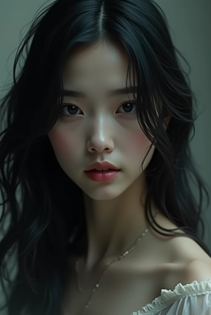 Un primer plano de una mujer con el pelo largo y pelinegro, Wonyoung de IVE, Retrato de Wonyoung de IVE, Wonyoung de IVE, Jang Wonyoung de IVE, maquillaje popular de Corea del Sur, Wonyoung de IVE, Retrato Wonyoung IVE, Tono de piel rosa pastel, Wonyoung de IVE, maquillaje coreano popular