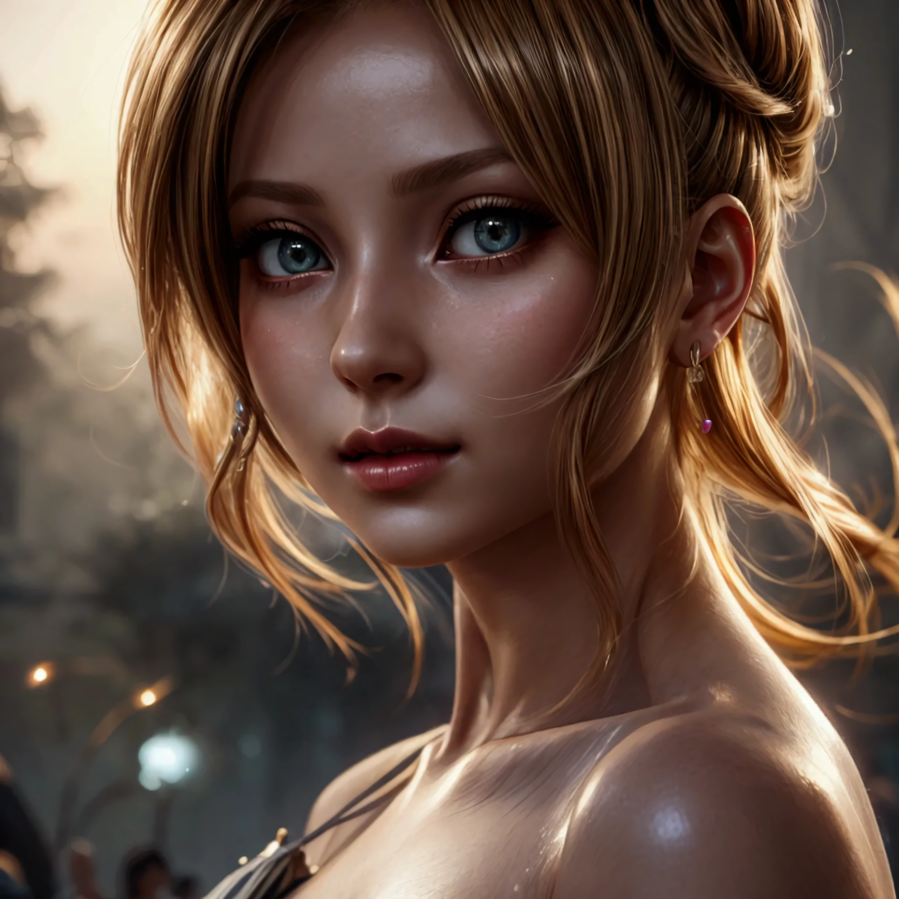 Rikku, 1girl, graceful pose, narrow thin waist, feminine shape, perfect fit body, hips, realistic skin, detailed intricate face, beautiful eyes, long eyelashes, small nose, full lips, porcelain skin, shiny hair, digital art, concept art, highly detailed, 8k, photorealistic, hyper realistic, cinematic lighting, warm color tones, vibrant colors