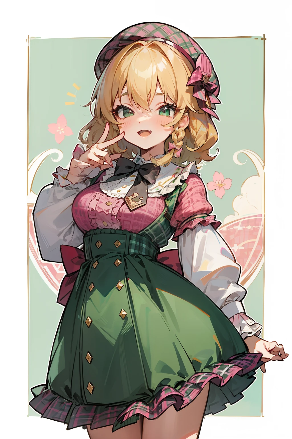 super insane detail、disorganized、ultra high resolution、super detail、highest quality、 1 girl、solo、nice hands、perfect hand-made (Vintage style beret with flower pin:1.3)、(pink&dark green plaid dress:1.5)、(Gold buttons on the front:1.2)、(frills、red bow tie、white blouse:1.4)、(peach cardigan、cable knit patterns:1.3)、(pinkタイツデニール20:1.1)、(mint green mary jane shoes:1.2) best smile、open your mouth、wave your mouth、 あざといcuteポーズ、cowboy shot、slender、Look straight ahead with shining eyes、cute、symmetrical face、超cute女の子、超cute顔、Ultra-fine eyes、super cute hair、超cute、Super beautiful、 stylish clothing design、Super famous world heritage museum、exhibition hall、Historic ancient museum、 big breasts、Soft and jiggling breasts、BREAK (medium hair、braid blonde、silky smooth hair、deep red eyes)、hair between eyes、Nape of neck