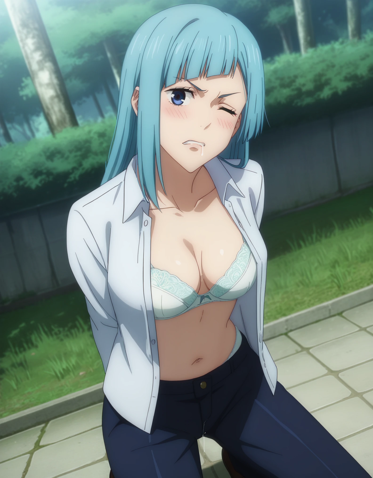 score_9, score_8_up, score_7_up, sauce_anime, ambient light,
jujutsu_kaisen_style, kasumi miwa,, ,1girl ,tall girl,, blue hair, long hair, blue eyes, wince, frown, close up face:0.2,
nsfw, (show off panties),, undress open dress shirt, hands behind backs, undress pants, in lace white panties, pussy juice,
outdoors,, realistic outdoor, (kneeling), , steam, 
cowboy shot,, looking at viewer, solo, dutch angle, blush,, lace white bra , clenched teeth, saliva, drooling moanin, medium breast,